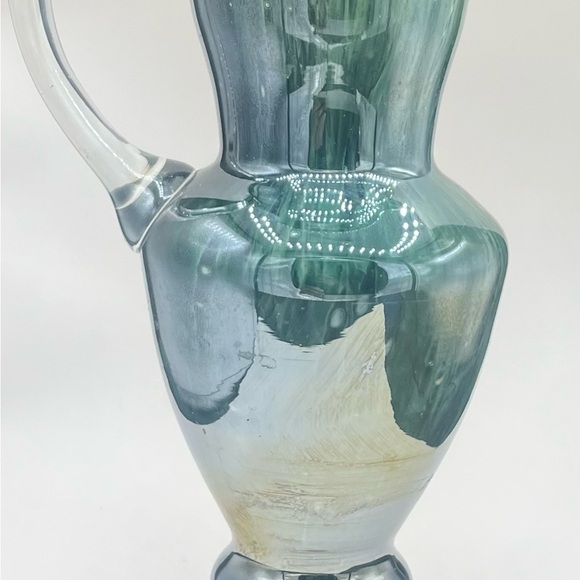 Vintage Studio Art Glass MACOCHA Poland Green Iridescent Pitcher 9.5” Tall - Picture 3 of 6